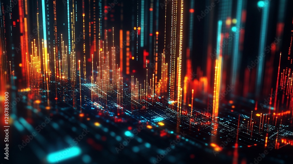 Aufkleber abstract digital data visualization with glowing lines and light points on dark background