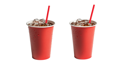 Refreshing iced beverages in red cups with straw served on a sunny day at a local outdoor event
