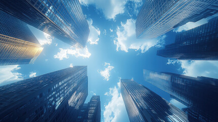 City skyline viewed from the ground with towering buildings and sunlit foliage in the foreground on a clear day