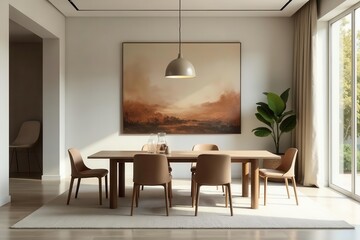 Serene Dining Room with Neutral Tones and Natural Light, Featuring a Modern Wooden Table and Elegant Chairs, Adorned with a Large Abstract Landscape Painting Above
