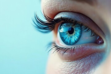 Close-up view of a vibrant blue eye, showcasing detailed eyelashes and subtle skin texture.