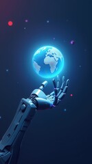 A futuristic digital illustration featuring a robotic hand reaching towards a glowing holographic Earth