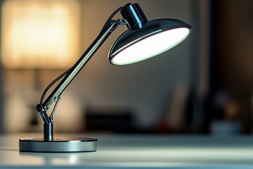 A modern adjustable desk lamp illuminates a workspace, casting a bright glow, emphasizing functionality, and creating a focused atmosphere for tasks.