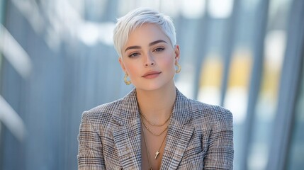 Young woman in stylish blazer, urban setting