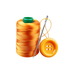 Orange sewing thread with needle and cloths button on transparent background