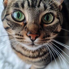 An extraordinary close-up portrait of a tabby cat with striking green eyes, capturing the intricate details of its fur and whiskers, evoking a sense of intimacy.