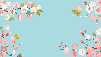 桜の花と花びらのイラストフレーム 青空
