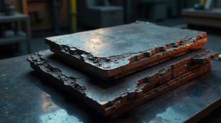 Rough-hewn slabs of dark metal, stacked in an industrial setting, showing signs of wear and age, hinting at a history of hard work and resilience.