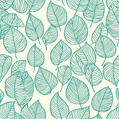 Fototapeta premium Leaf Pattern Turquoise foliage design overlaying light backdrop. Botanical seamless repeatable motif