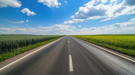 Wide road into distance, flanked by green fields and blue sky. High-definition, horizontal composition. Serene beauty.