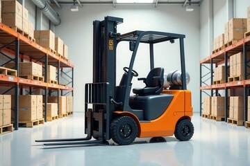 Naklejka premium A modern orange forklift in a spacious warehouse with neatly stacked cardboard boxes on high-bay shelving units