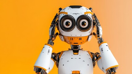 Robot with big eyes and a confused expression. The robot is white and orange. The robot is looking up and down, as if it is trying to figure something out