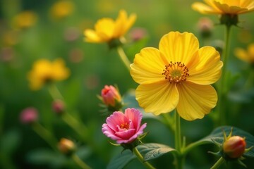 Fototapeta premium Vibrant Yellow and Pink Blossoms in a Lush Garden Setting, Capturing the Beauty of Nature's Delicate Flowers