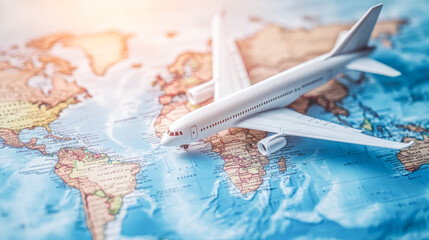 Miniature model of airplane on world map. Travel concept