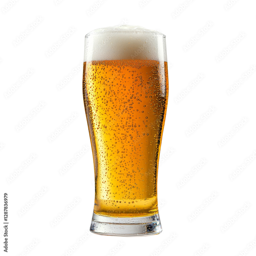 Poster refreshing beer in tall glass with bubbles and foam on top, perfect for social gatherings or relaxat