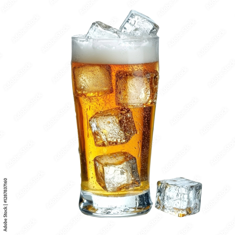 Poster refreshing beer in glass with ice cubes, perfect for summer enjoyment