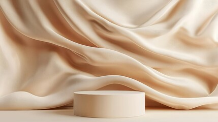 Elegant Beige Silk Drape with Cylindrical Display Platform for Product Presentation