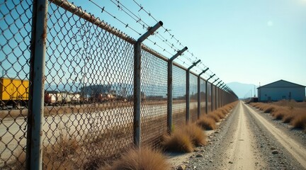 Fototapeta premium Rusty chain link fence with barbed wire atop, extending along a dirt road towards a distant building under a clear sky.
