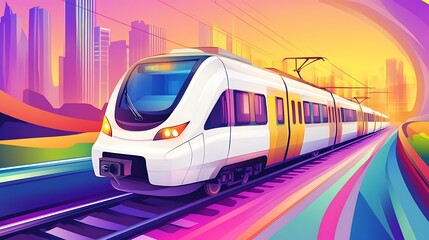 Naklejka premium Long white metro train in cartoon style, colorful accents, exaggerated shape