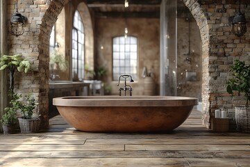 Rustic Bathroom Interior with Vintage Wooden Bathtub and Exposed Brick Design