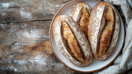 Rustic sourdough bread displayed on a simple plate against a wooden background showcasing its artisanal texture and golden crust