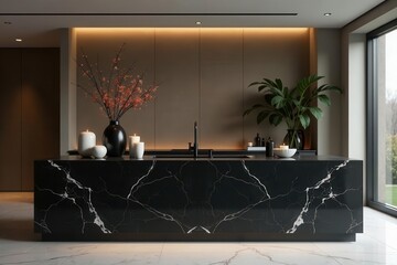 Modern minimalist kitchen island with black marble countertop, illuminated by soft lighting, featuring elegant decor