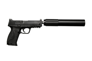 A black semi-automatic pistol with a suppressor attached, isolated on a white background.