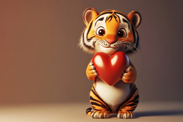 A cute cartoon tiger holding a red heart, symbolizing love and affection.