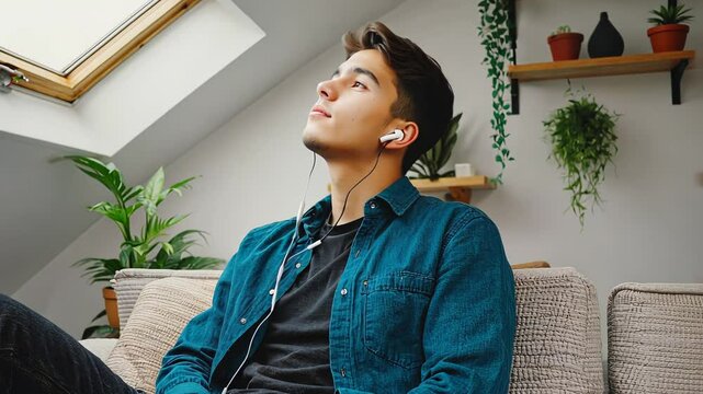 young man listening to headphones while sitting on a sofa by a dormer window