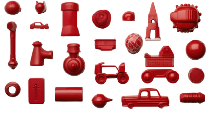 Collection of vibrant red plastic toys arranged artistically on a white background showcasing various shapes and designs