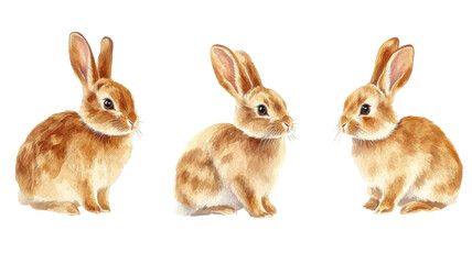 Obraz premium Cute rabbits depicted in three different poses showcasing fur patterns and expressions in a soft and playful style