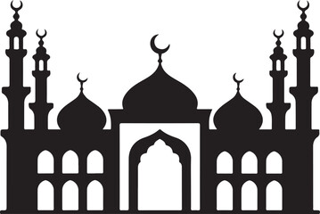 islamic mosque silhouette vector, black silhouette mosque vector illustration | Silhouette of an Islamic Mosque with Crescent Moon Against a White Background.