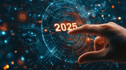 Fototapeta premium A Hand Interacts With A Digital Display Showing 2025
