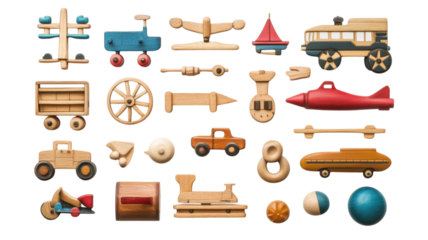 Colorful wooden toys arranged on a flat surface showcasing various transportation themes for children's playtime