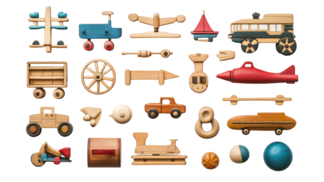 Colorful wooden toys arranged on a flat surface showcasing various transportation themes for children's playtime