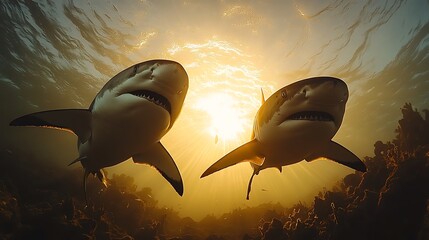 Sharks Sunset Reef Ocean Underwater Wildlife