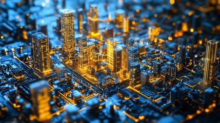 Aerial view of bustling city streets at twilight
