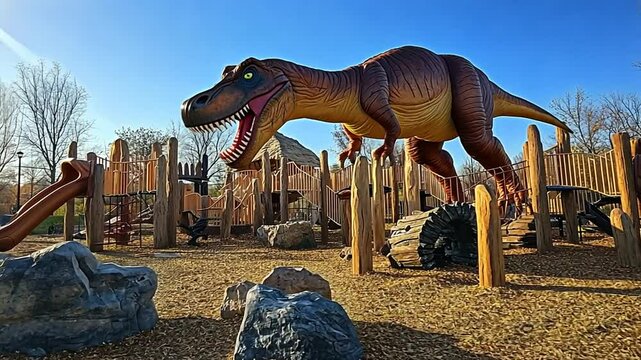 A giant T-Rex statue and playground, located at a children's park under a clear, blue sky.