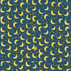 Obraz premium Many yellow crescent moons and tiny stars scattered on a dark blue textured background, repeat pattern