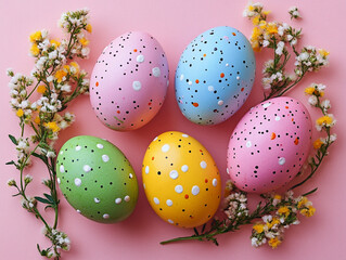 Easter eggs and flowers on pink background