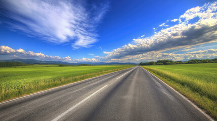 Fototapeta premium Wide road into distance, flanked by green fields and blue sky. High-definition, horizontal composition. Serene beauty.