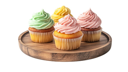 Delicious assorted cupcakes on a wooden platter with colorful frosting