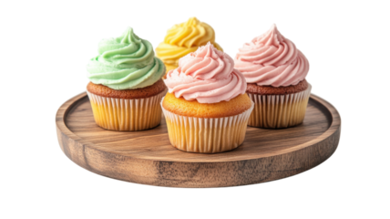 Delicious assorted cupcakes on a wooden platter with colorful frosting