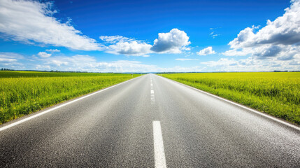 Fototapeta premium Wide road into distance, flanked by green fields and blue sky. High-definition, horizontal composition. Serene beauty.