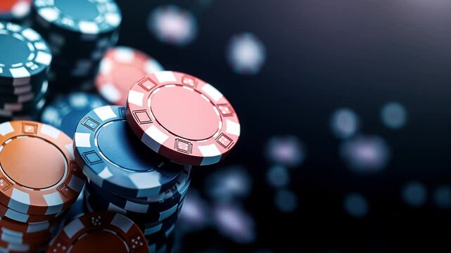 Close-up of colorful poker chips stacked and spread on a dark surface, featuring red, blue, and orange chips with detailed designs in a casino setting