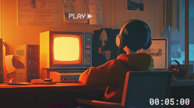 A person wearing headphones sits in a dimly lit retro room, staring at the warm glow of an old CRT monitor. The nostalgic ambiance is enhanced by VHS-style effects and a cozy vintage atmosphere.