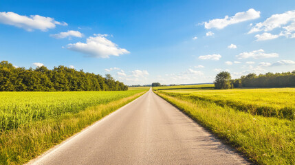 Wide road into distance, flanked by green fields and blue sky. High-definition, horizontal composition. Serene beauty.