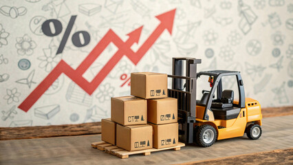 Miniature forklift lifting boxes with upward percentage arrows, background, symbolizing increased logistics orinflation, market, percentage, stacking, transport, industrial, transportation costs, wall