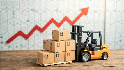 Miniature forklift lifting boxes with upward percentage arrows, background, symbolizing increased logistics orinflation, market, percentage, stacking, transport, industrial, transportation costs, wall