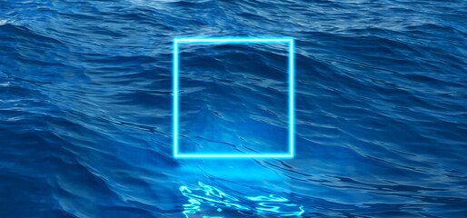 Abstract background of glowing blue neon square frame over dark blue ocean